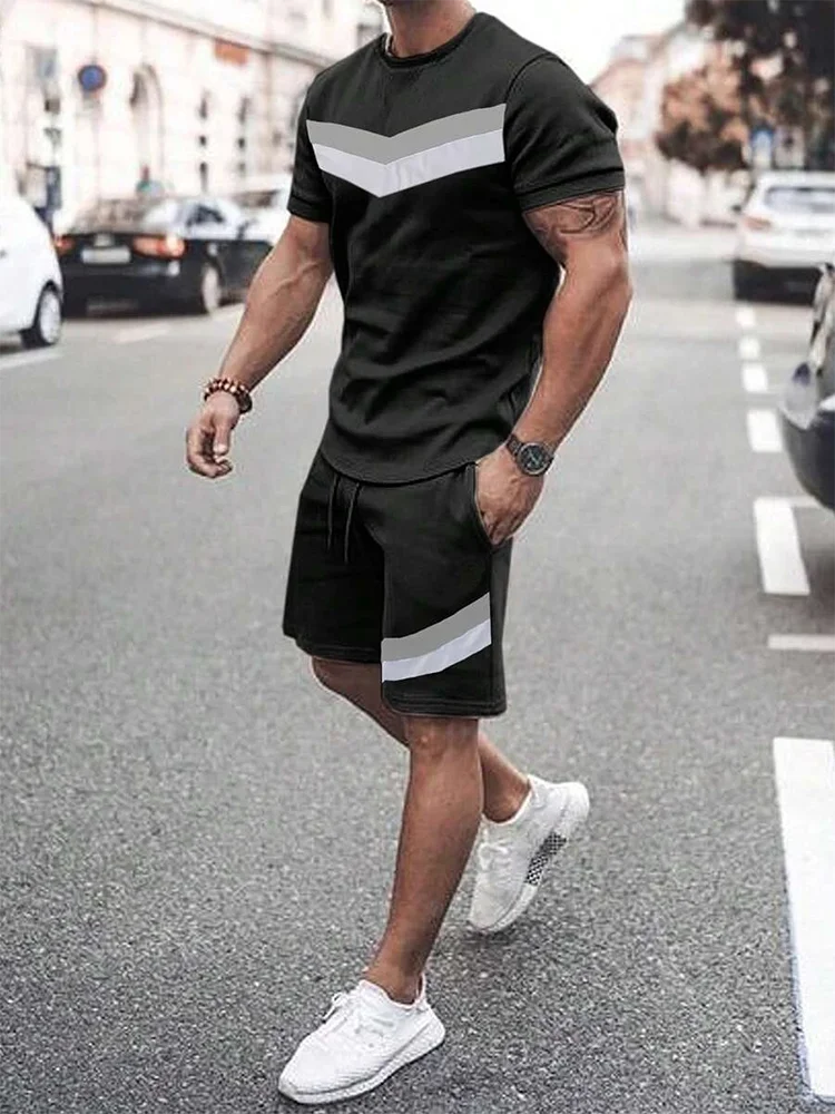 2025 Summer New Two Piece Suit Men's Casual Pattern Printed Short Sleeve T-shirt and Sports Shorts Set Sports Set Fitness Lightw