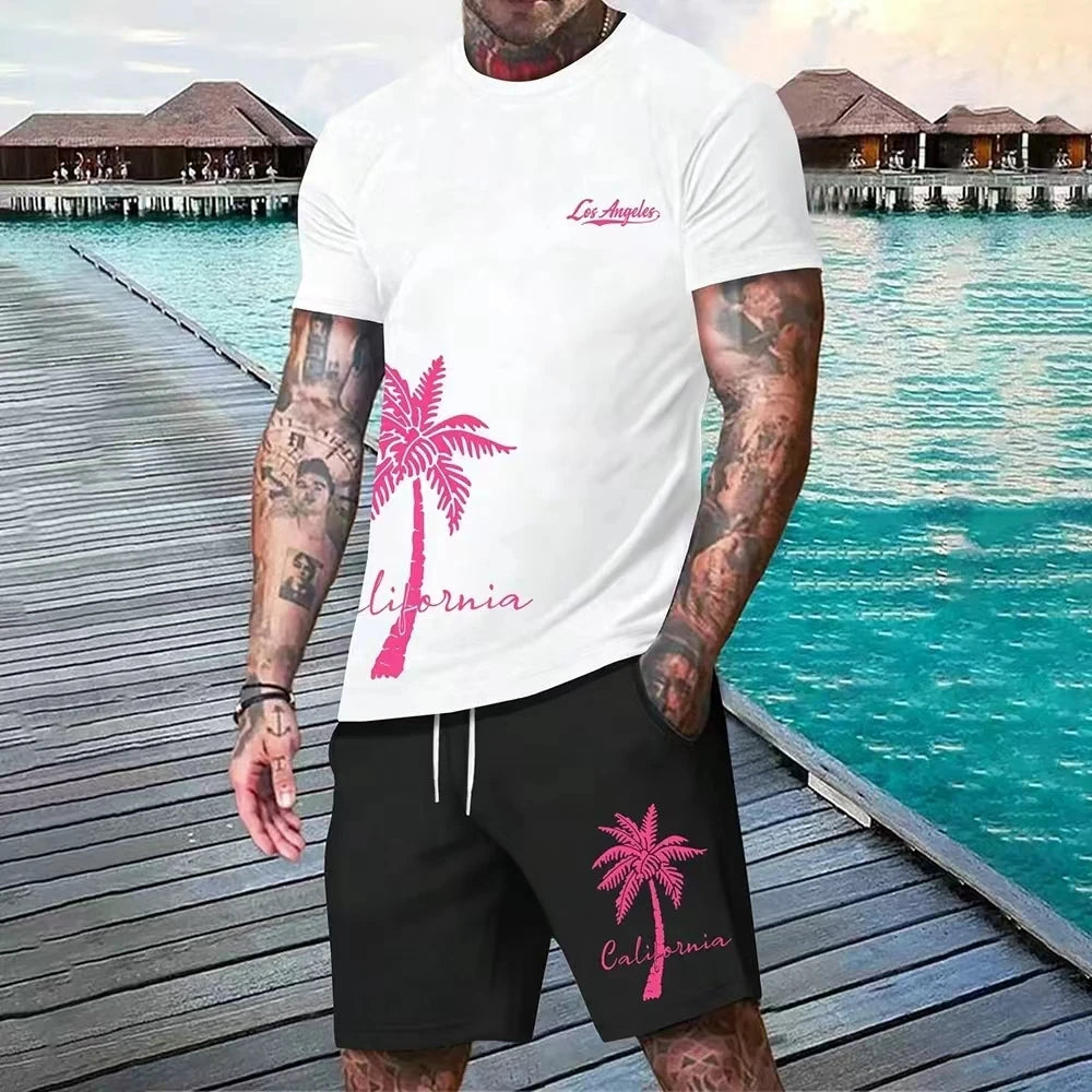 Summer men's two-piece set Hawaii fashion casual men's T-shirt outdoor beach men's shorts palm tree print O-neck short sleeved l