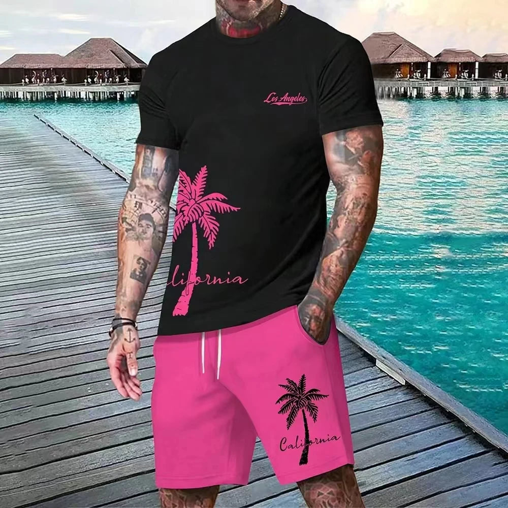 Summer men's two-piece set Hawaii fashion casual men's T-shirt outdoor beach men's shorts palm tree print O-neck short sleeved l