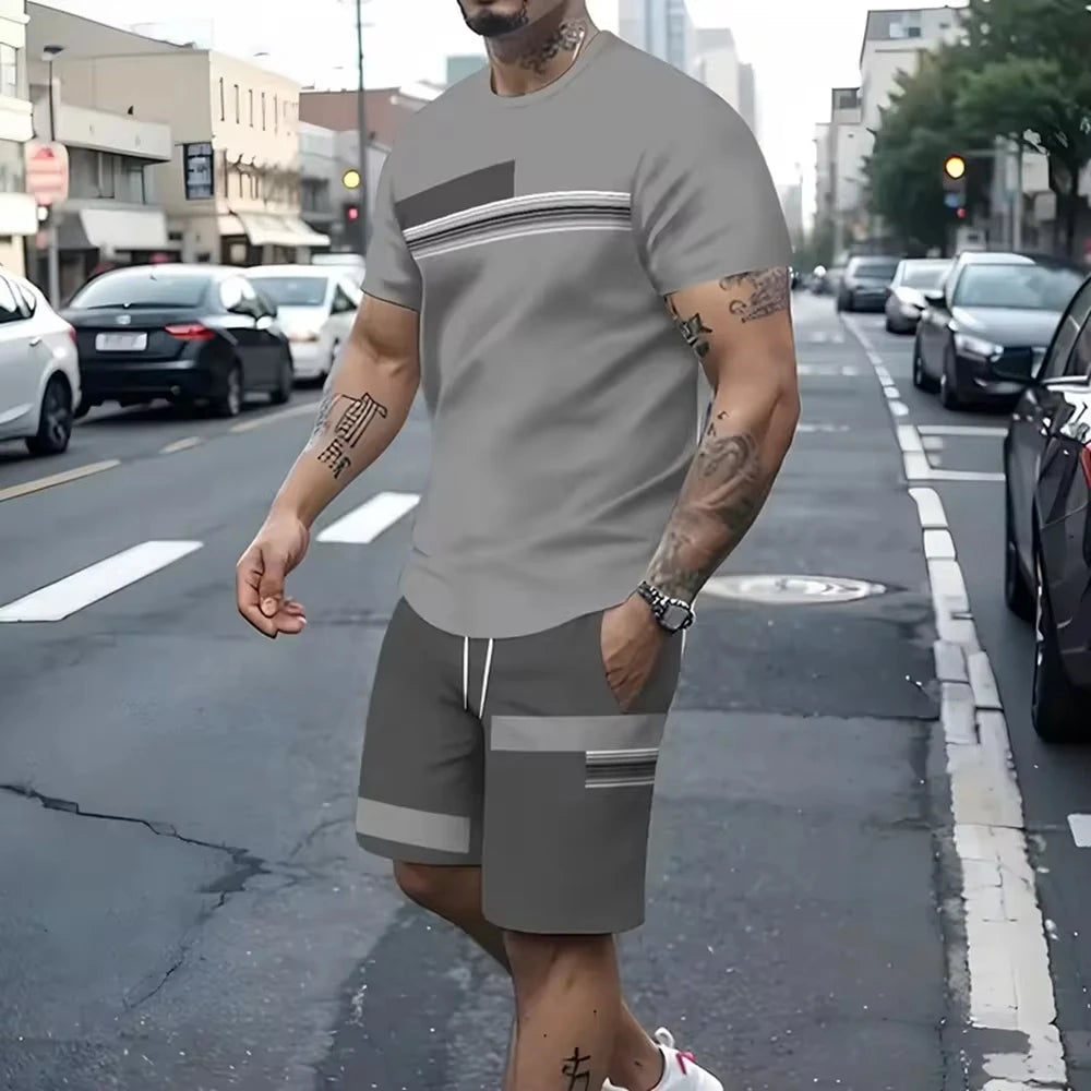 2025 Summer New Two Piece Suit Men's Casual Pattern Printed Short Sleeve T-shirt and Sports Shorts Set Sports Set Fitness Lightw