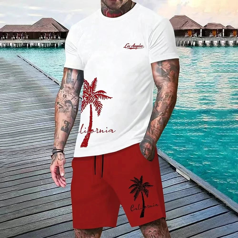 Summer men's two-piece set Hawaii fashion casual men's T-shirt outdoor beach men's shorts palm tree print O-neck short sleeved l