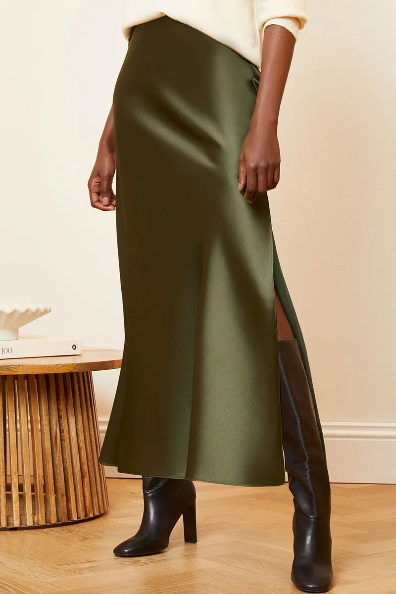 Satin Side-Slit Elegant Maxi Skirt