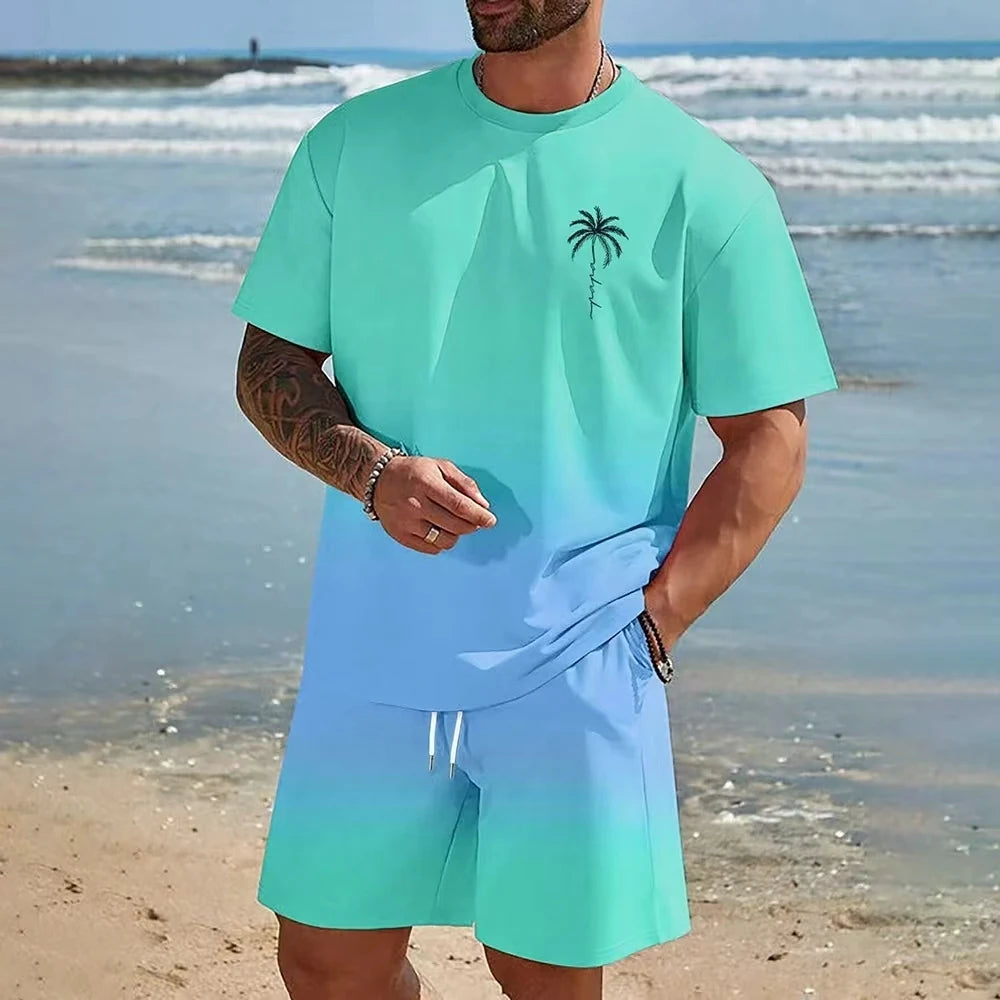 Summer men's two-piece set Hawaii fashion casual men's T-shirt outdoor beach men's shorts palm tree print O-neck short sleeved l
