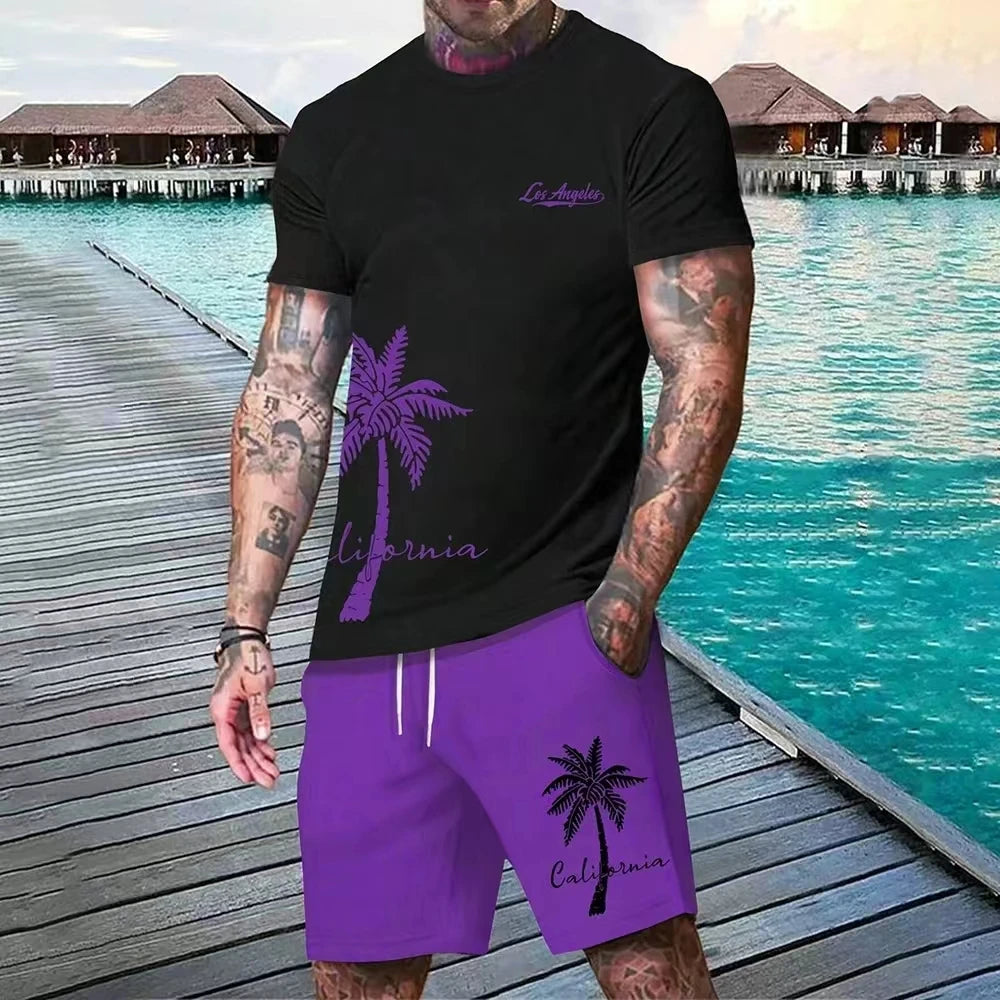 Summer men's two-piece set Hawaii fashion casual men's T-shirt outdoor beach men's shorts palm tree print O-neck short sleeved l