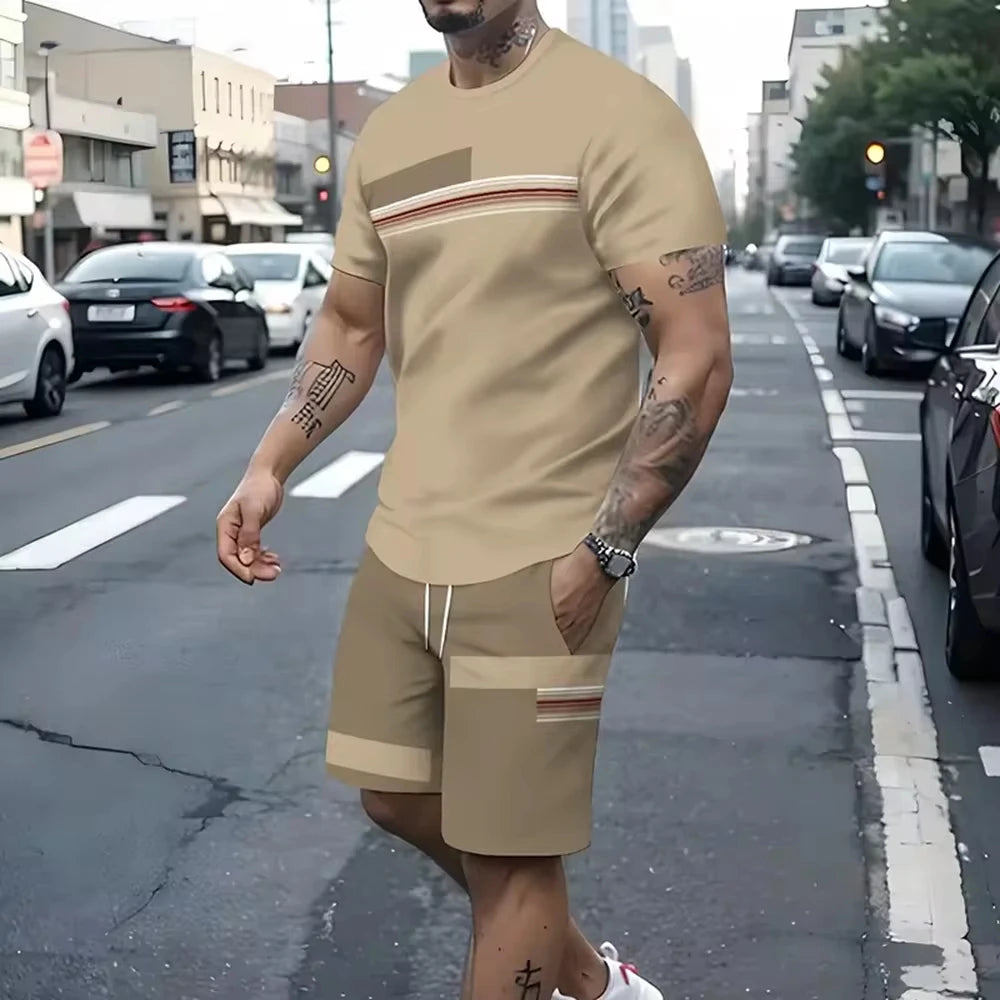 2025 Summer New Two Piece Suit Men's Casual Pattern Printed Short Sleeve T-shirt and Sports Shorts Set Sports Set Fitness Lightw