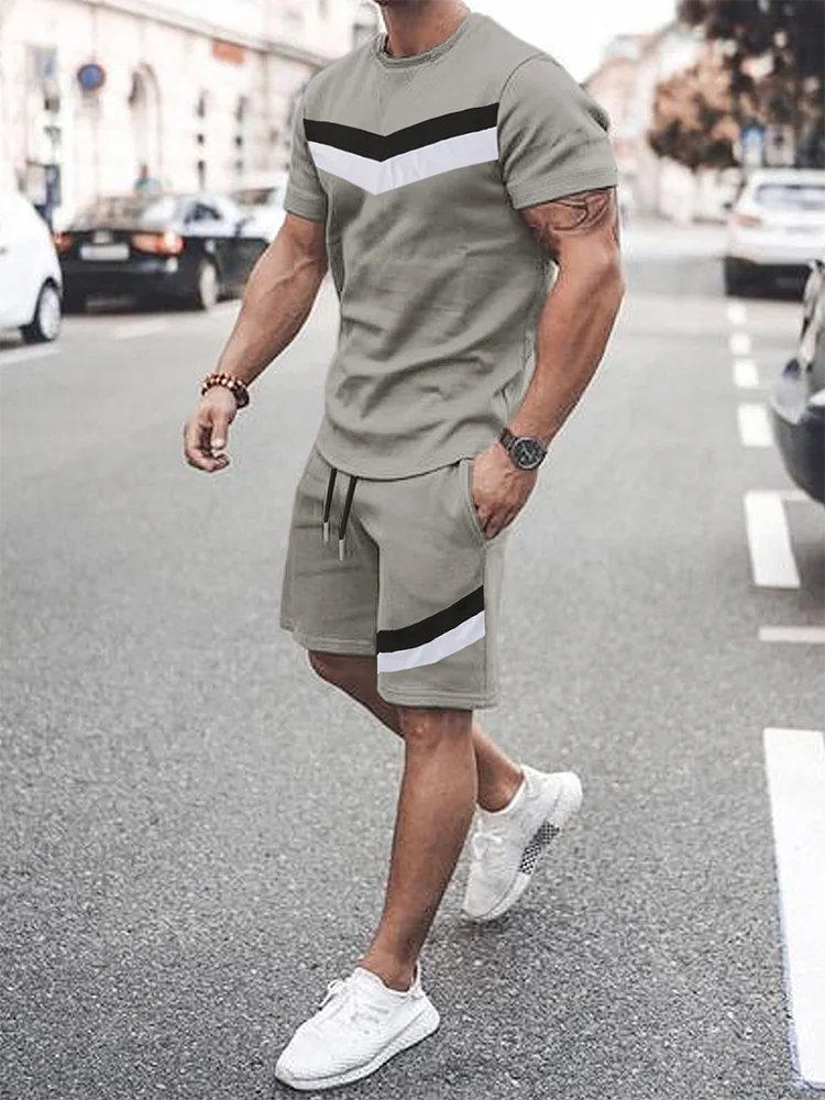 2025 Summer New Two Piece Suit Men's Casual Pattern Printed Short Sleeve T-shirt and Sports Shorts Set Sports Set Fitness Lightw