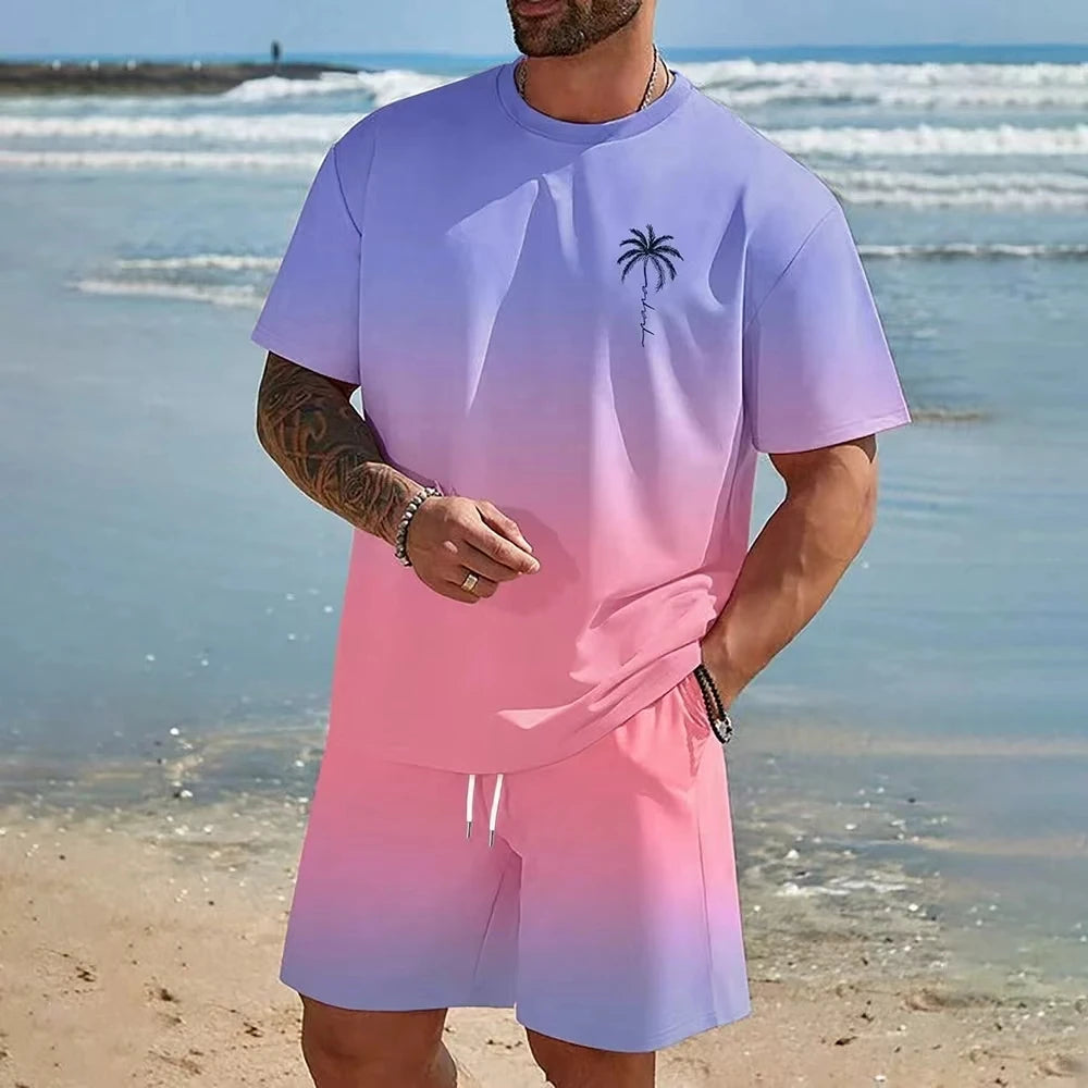 Summer men's two-piece set Hawaii fashion casual men's T-shirt outdoor beach men's shorts palm tree print O-neck short sleeved l