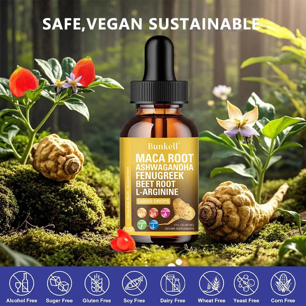 Organic Maca Root Liquid Drops with Ashwagandha, Fenugreek, Beet Root and L-Arginine Liquid Multivitamin for Women and Men