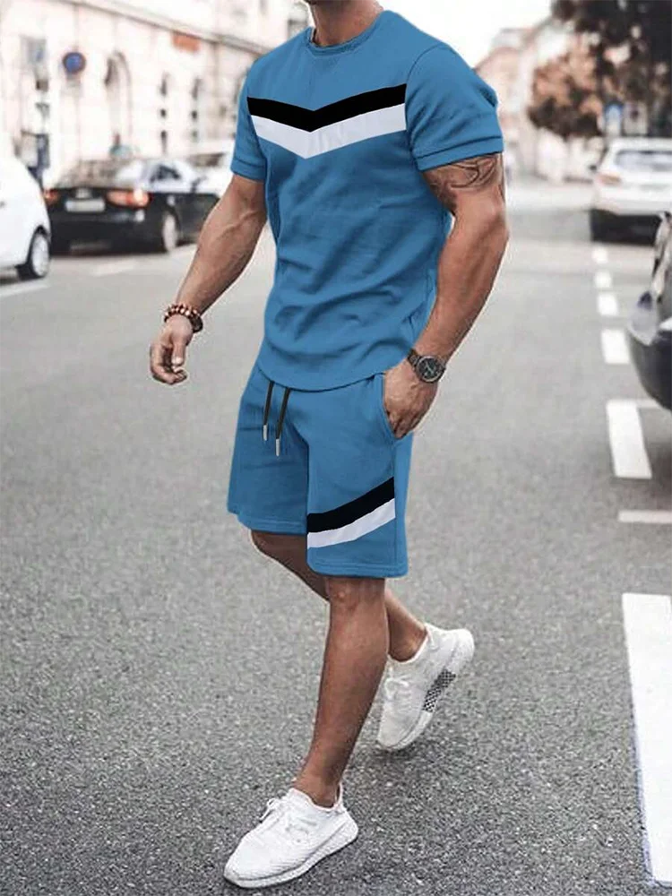 2025 Summer New Two Piece Suit Men's Casual Pattern Printed Short Sleeve T-shirt and Sports Shorts Set Sports Set Fitness Lightw