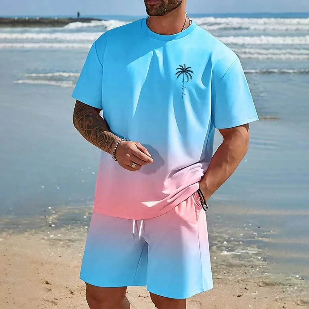 Summer men's two-piece set Hawaii fashion casual men's T-shirt outdoor beach men's shorts palm tree print O-neck short sleeved l