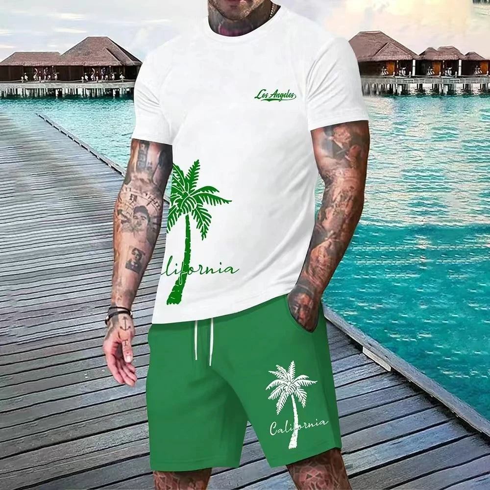Summer men's two-piece set Hawaii fashion casual men's T-shirt outdoor beach men's shorts palm tree print O-neck short sleeved l