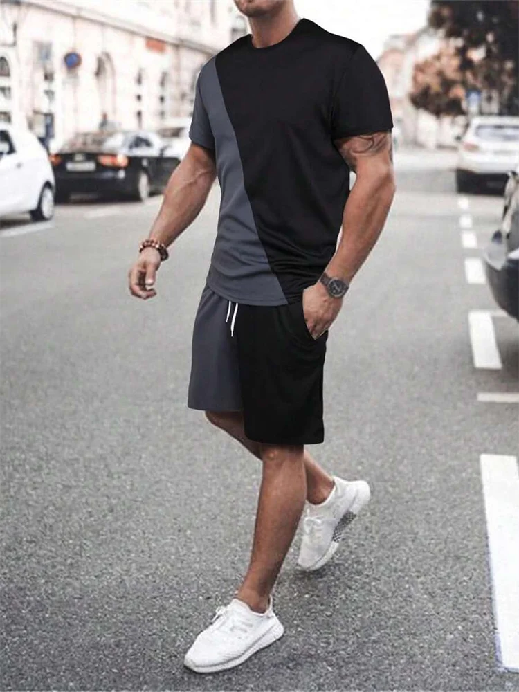 2025 Summer New Two Piece Suit Men's Casual Pattern Printed Short Sleeve T-shirt and Sports Shorts Set Sports Set Fitness Lightw